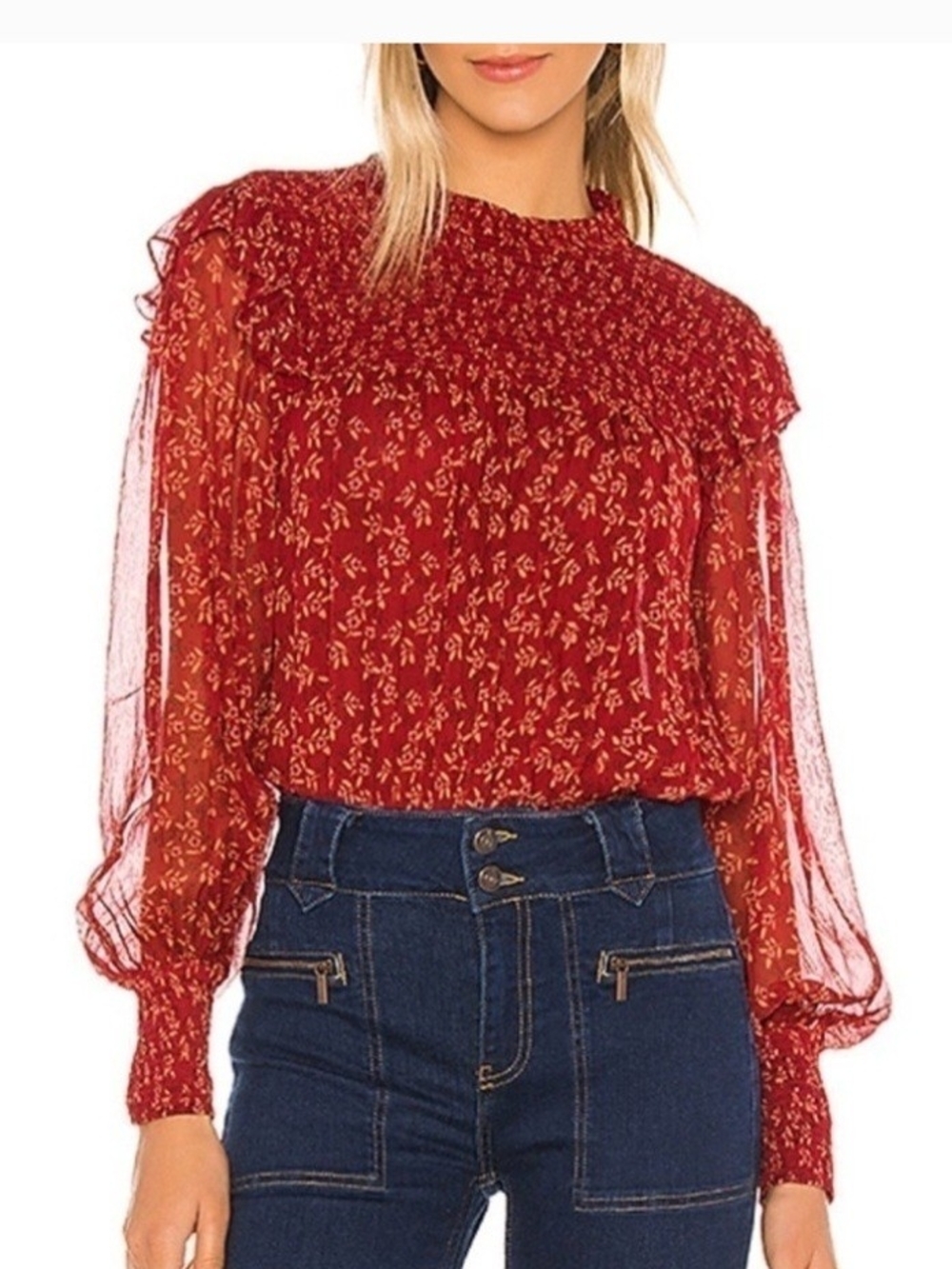 Red Floral Smocked Ruffled Long-Sleeve Blouse
